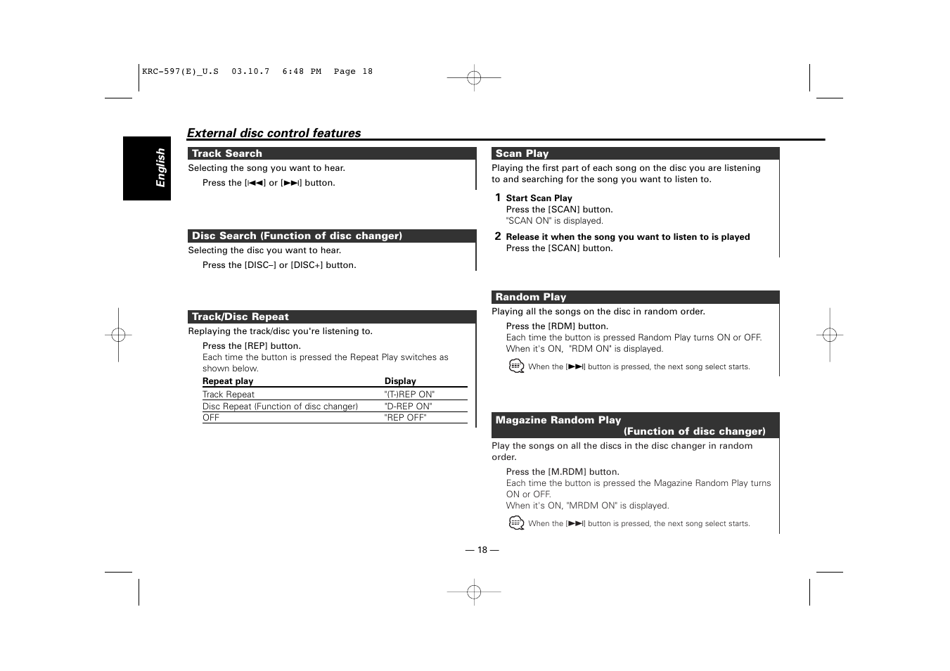 Track search, Disc search, Track/disc repeat | Scan play, Random play, Magazine random play | Kenwood KRC-597 User Manual | Page 18 / 36