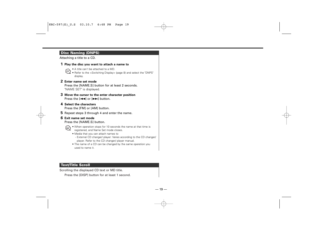 Disc naming (dnps), Text/title scroll | Kenwood KRC-597 User Manual | Page 19 / 36