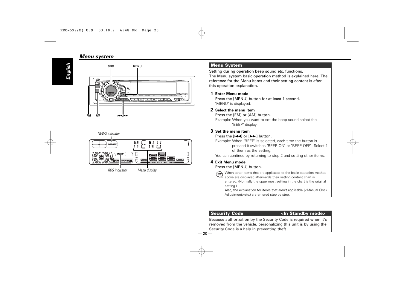 Menu system, Security code, English | Kenwood KRC-597 User Manual | Page 20 / 36