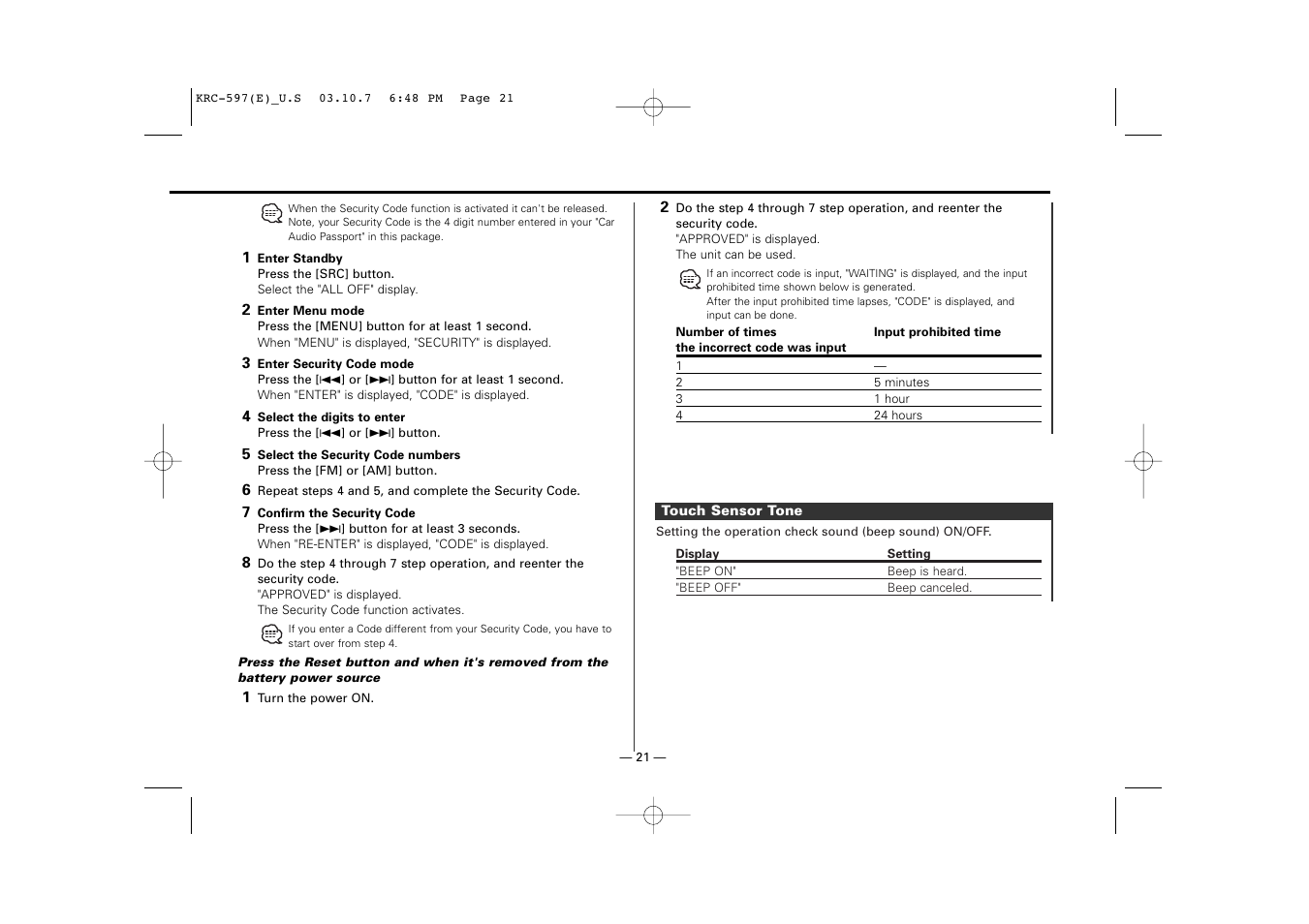 Touch sensor tone | Kenwood KRC-597 User Manual | Page 21 / 36