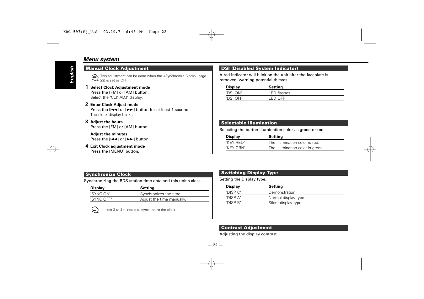 Manual clock adjustment, Synchronize clock, Dsi (disabled system indicator) | Selectable illumination, Switching display type, Contrast adjustment | Kenwood KRC-597 User Manual | Page 22 / 36