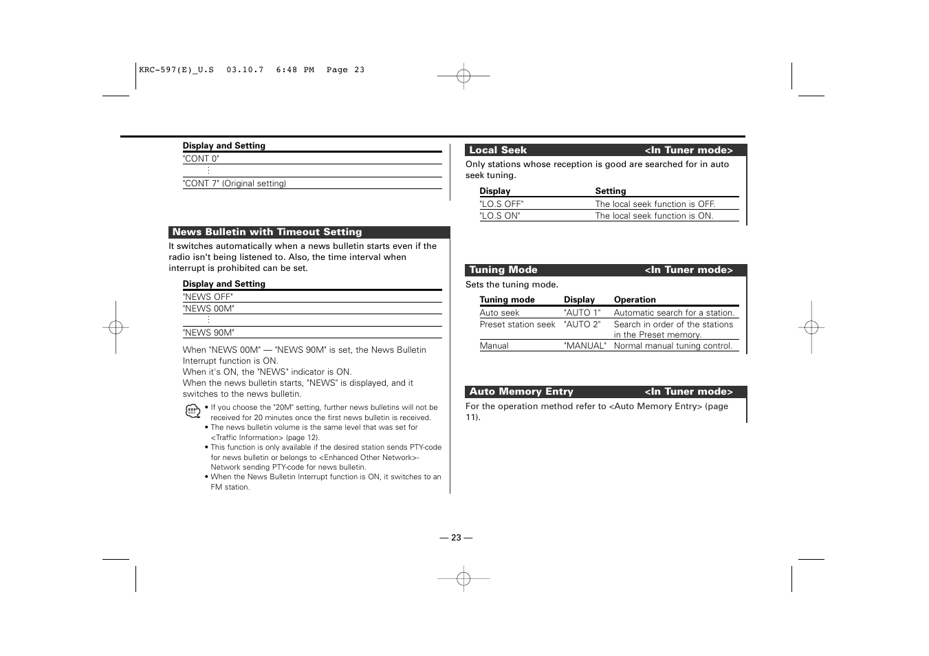 News bulletin with timeout setting, Local seek, Tuning mode | Auto memory entry | Kenwood KRC-597 User Manual | Page 23 / 36