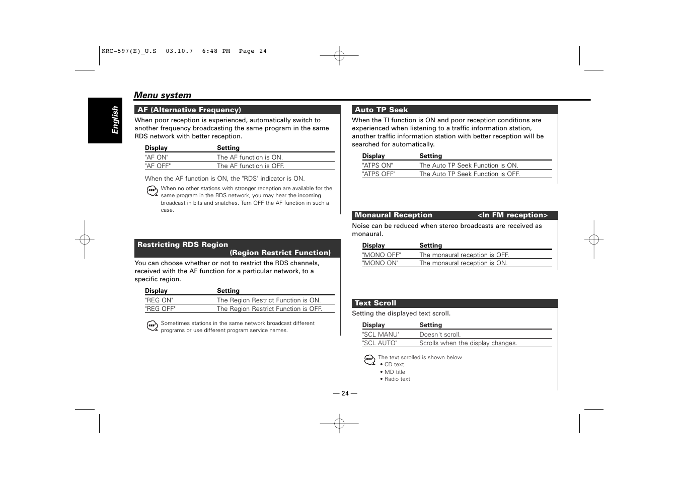Af (alternative frequency), Restricting rds region (region restrict function), Auto tp seek | Monaural reception, Text scroll | Kenwood KRC-597 User Manual | Page 24 / 36