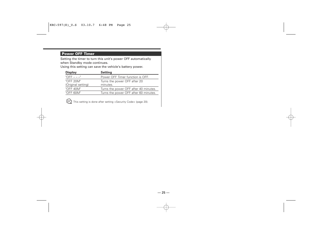 Power off timer | Kenwood KRC-597 User Manual | Page 25 / 36