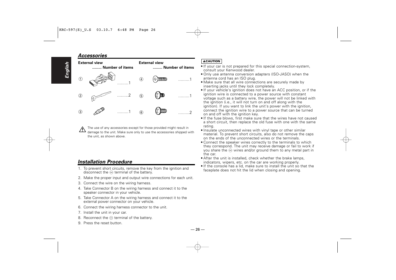 Accessories, Installation procedure | Kenwood KRC-597 User Manual | Page 26 / 36