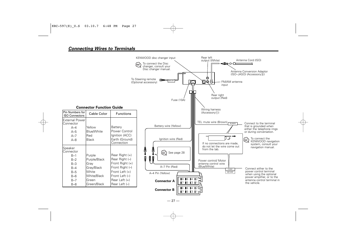 Connecting wires to terminals | Kenwood KRC-597 User Manual | Page 27 / 36