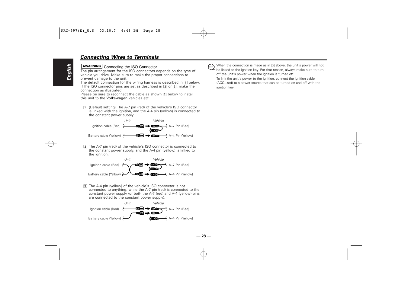 Connecting wires to terminals | Kenwood KRC-597 User Manual | Page 28 / 36