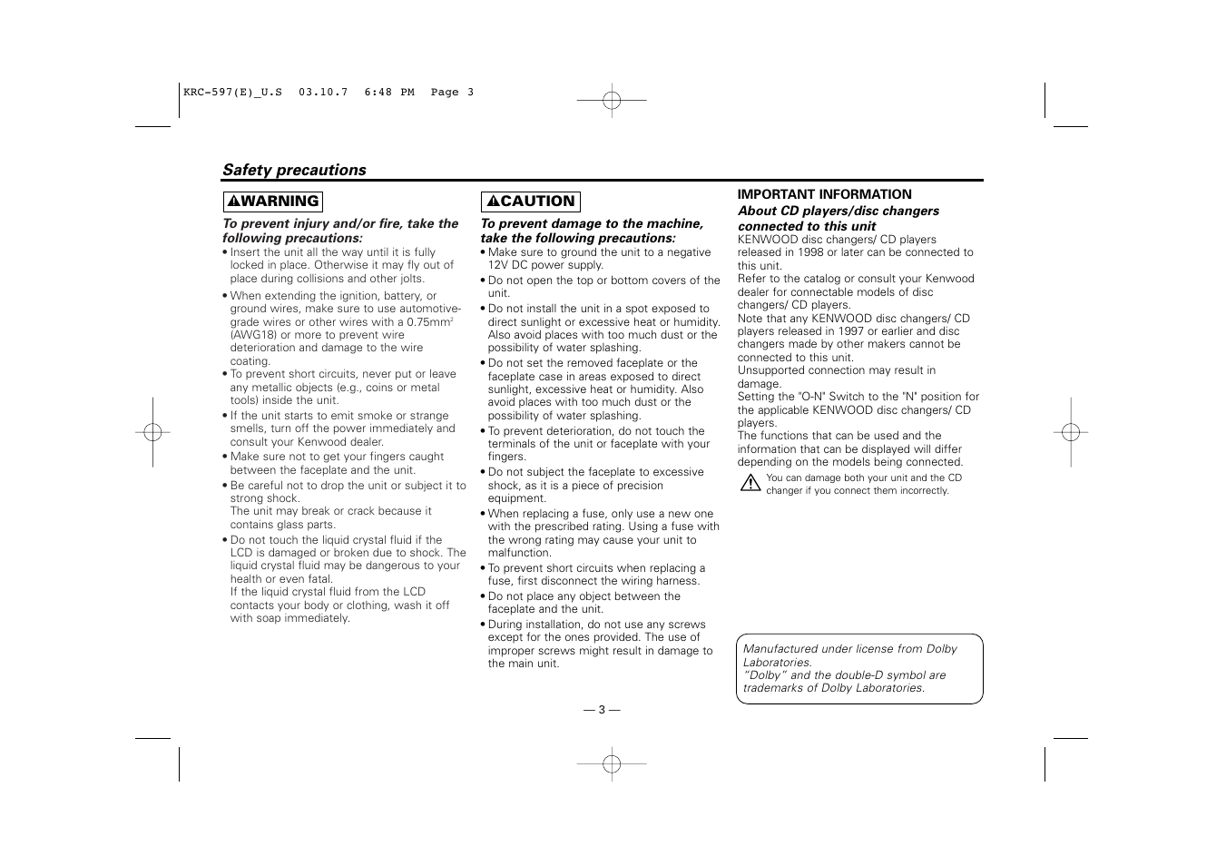 Safety precautions | Kenwood KRC-597 User Manual | Page 3 / 36