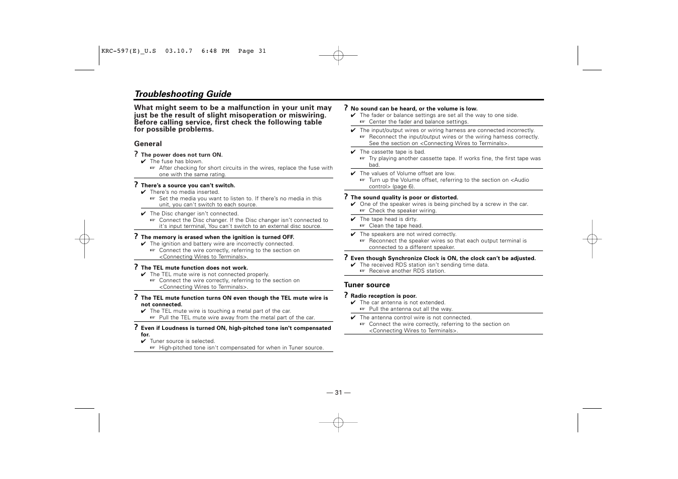 Troubleshooting guide | Kenwood KRC-597 User Manual | Page 31 / 36