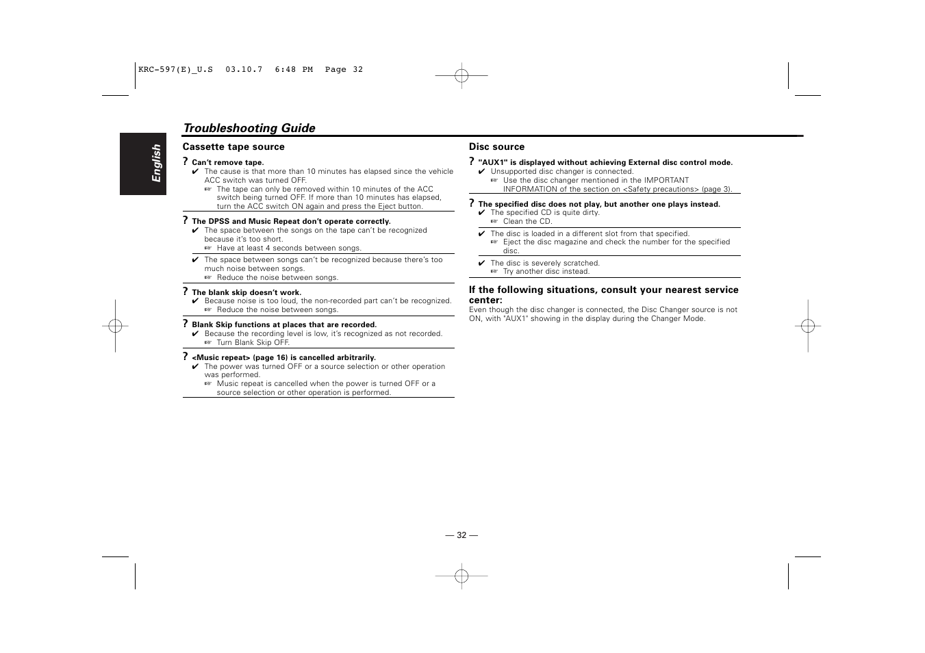 Troubleshooting guide | Kenwood KRC-597 User Manual | Page 32 / 36