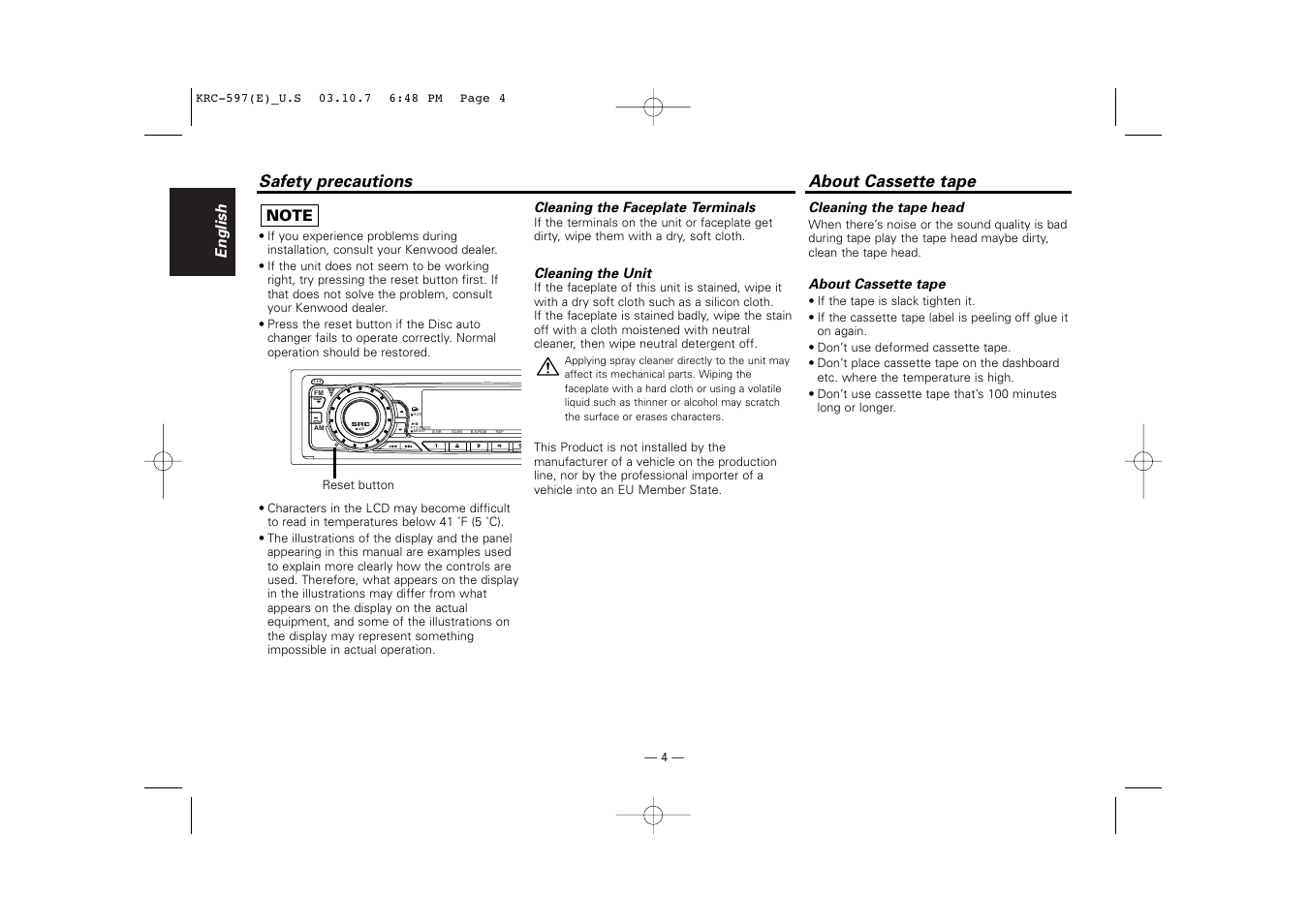 About cassette tape, Safety precautions | Kenwood KRC-597 User Manual | Page 4 / 36