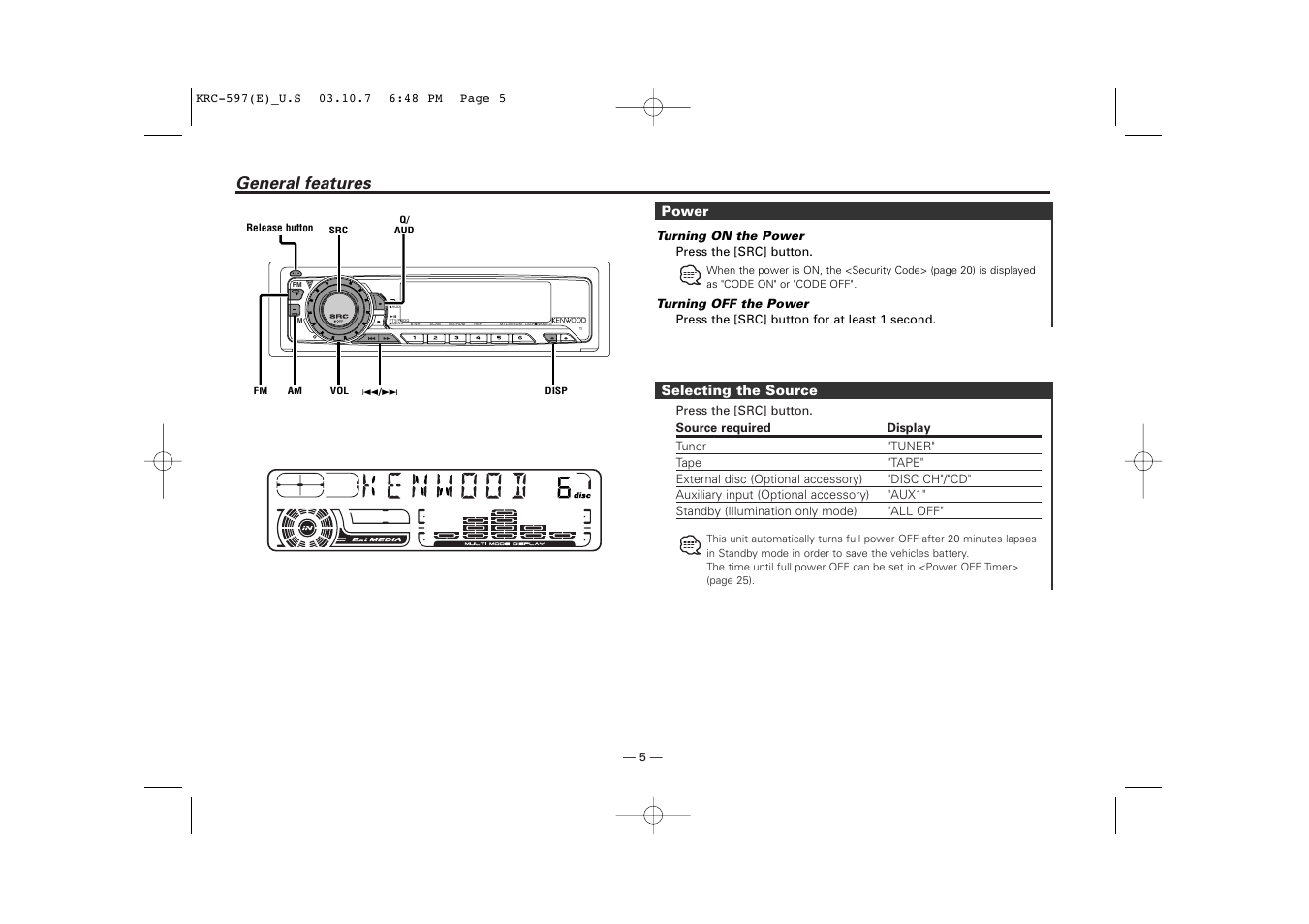 General features, Power, Selecting the source | Kenwood KRC-597 User Manual | Page 5 / 36