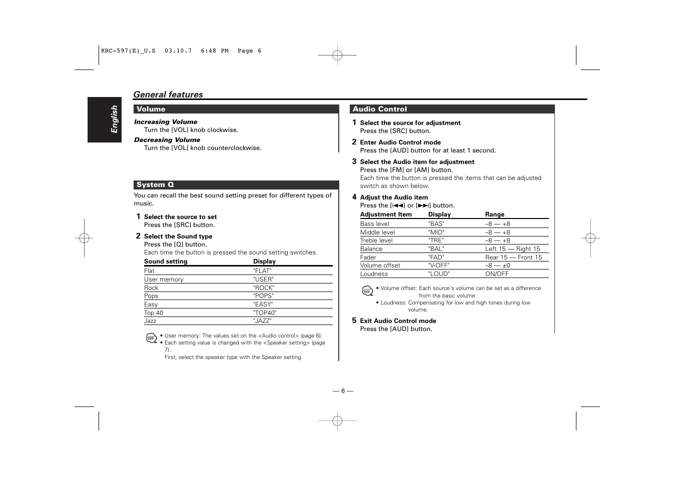 Volume, System q, Audio control | Kenwood KRC-597 User Manual | Page 6 / 36