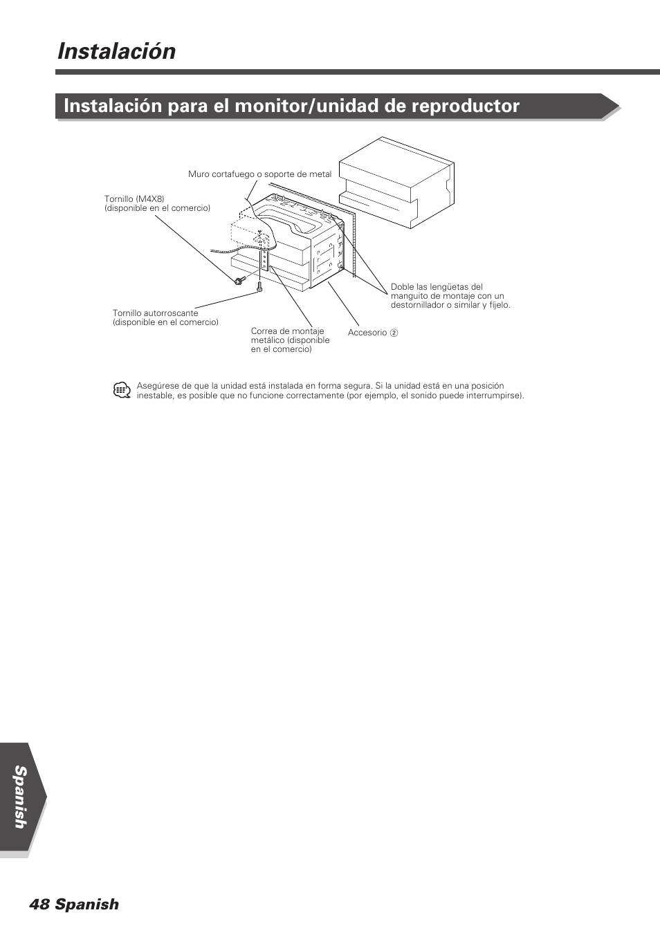 Instalación, Instalación para el monitor/unidad de reproductor, Spanish 48 spanish | Kenwood DDX7025 User Manual | Page 48 / 60