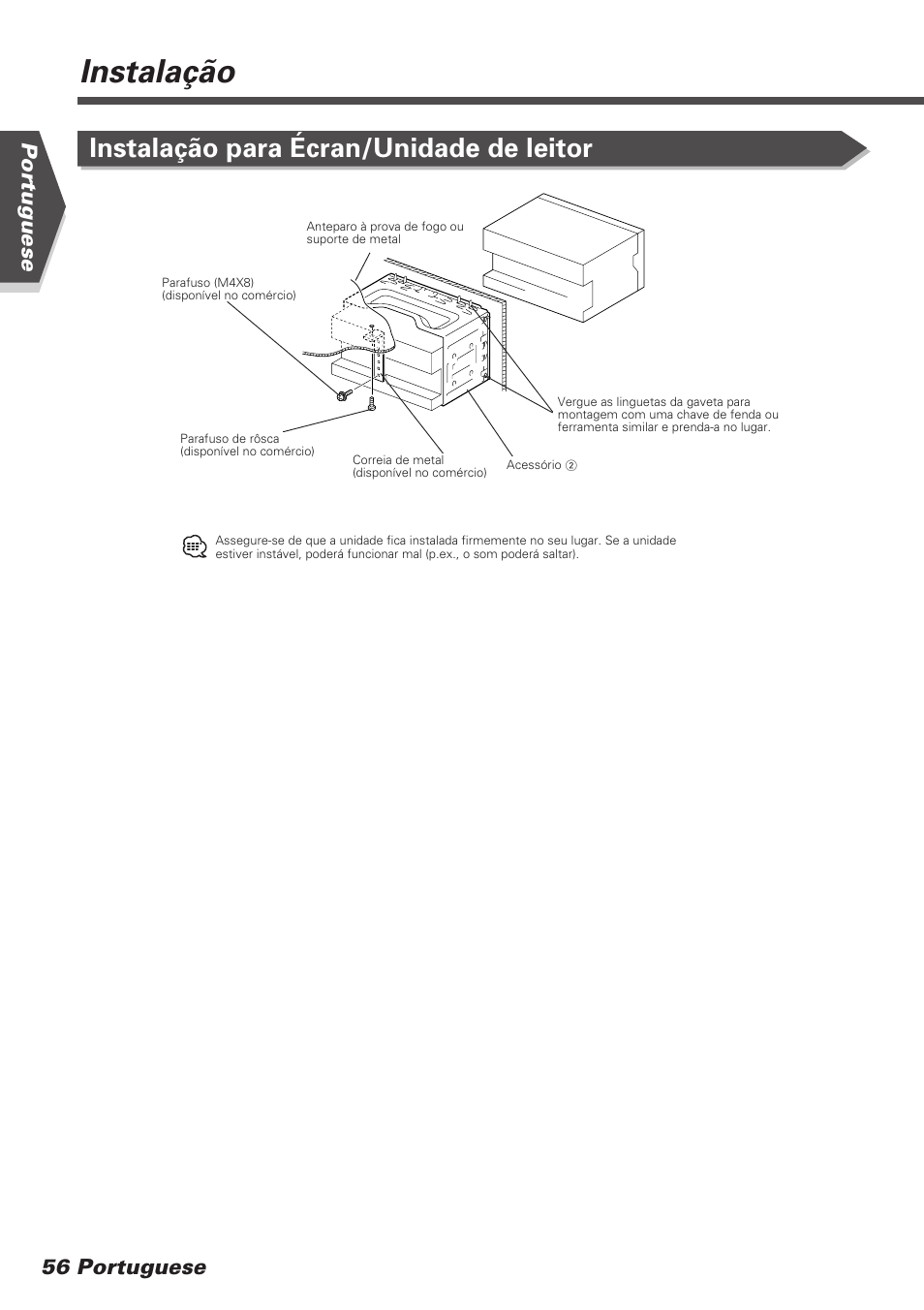 Instalação, Instalação para écran/unidade de leitor, Portuguese 56 portuguese | Kenwood DDX7025 User Manual | Page 56 / 60