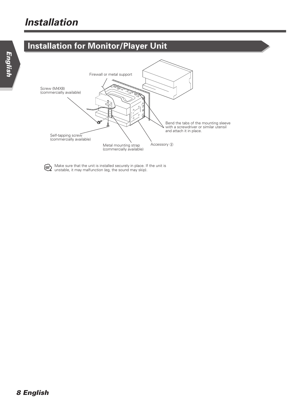 Installation, Installation for monitor/player unit, English 8 english | Kenwood DDX7025 User Manual | Page 8 / 60