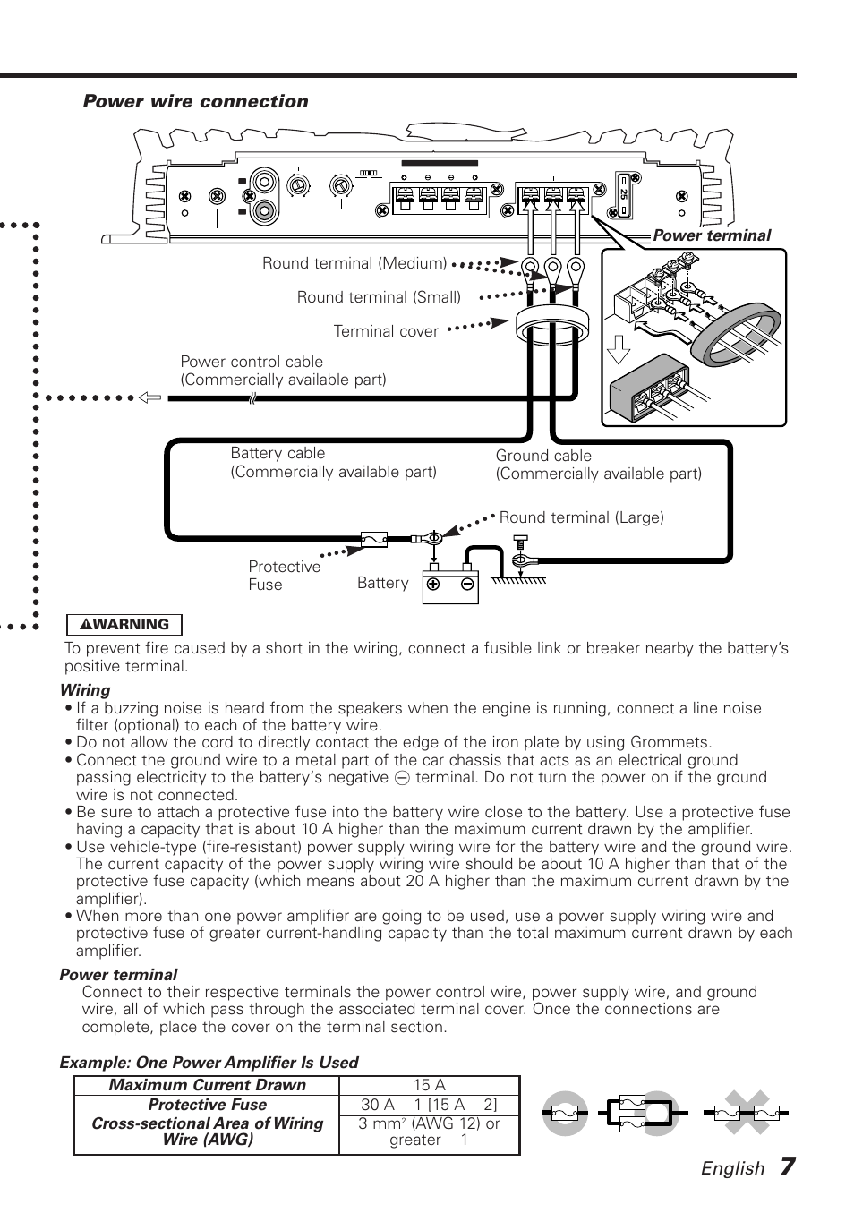 Power wire connection, English | Kenwood KAC-718 User Manual | Page 7 / 8