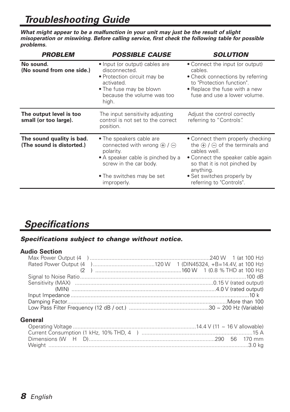 Troubleshooting guide, Specifications | Kenwood KAC-718 User Manual | Page 8 / 8