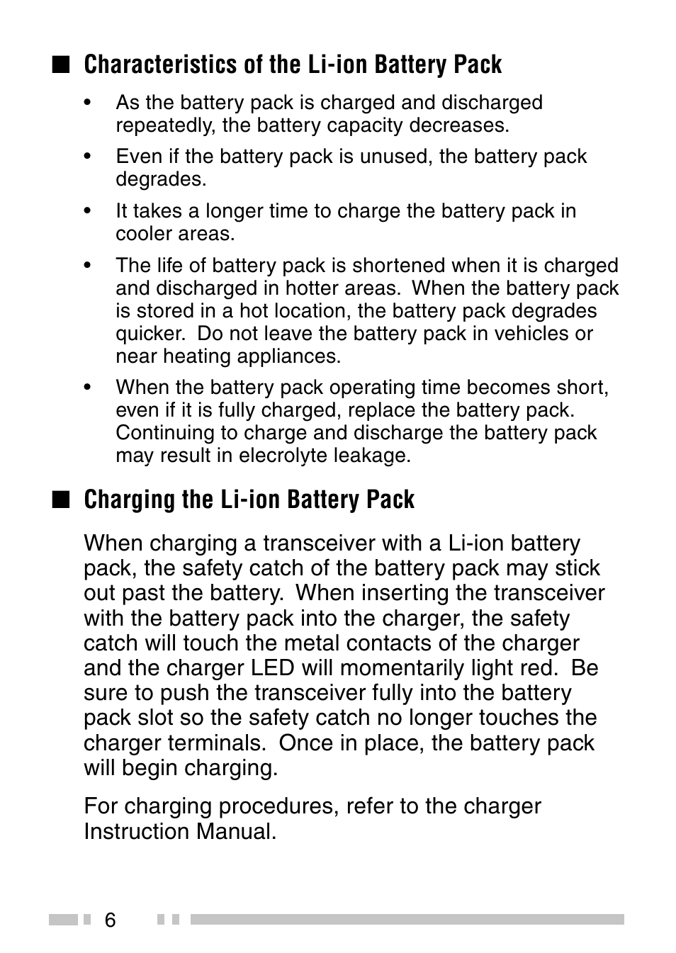 Characteristics of the li-ion battery pack, Charging the li-ion battery pack | Kenwood TK-2140 User Manual | Page 11 / 38