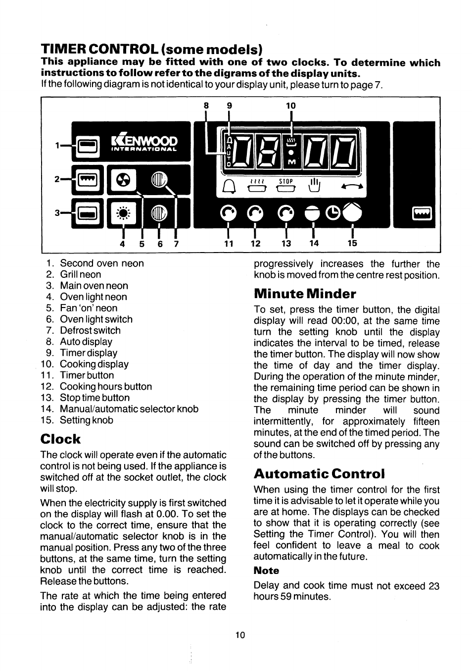 Timer control (some models), Clock, Minute minder | Automatic control | Kenwood SC102/2WH User Manual | Page 12 / 20