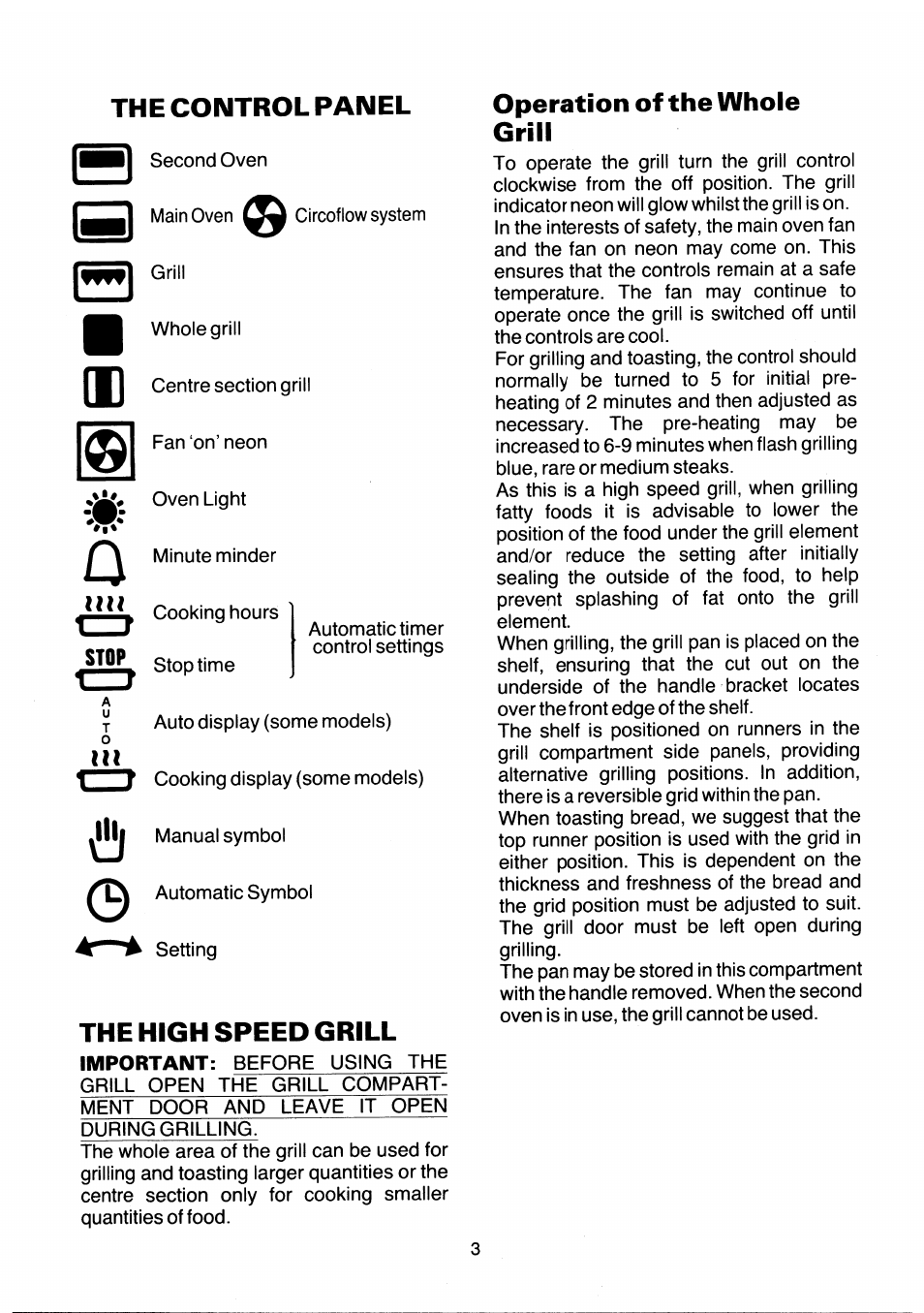 The control panel, The high speed grill, Operation of the whole grill | Kenwood SC102/2WH User Manual | Page 5 / 20