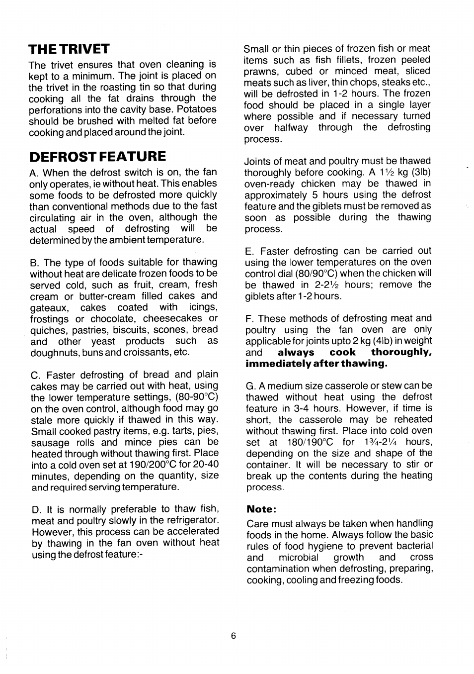 The trivet, Defrost feature, Note | Kenwood SC102/2WH User Manual | Page 8 / 20