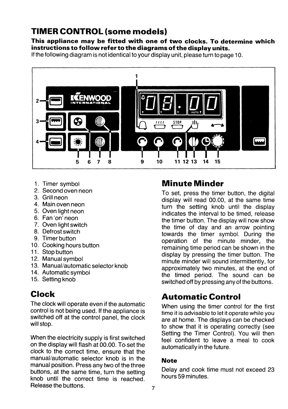 Timer control (some models), Clock, Minute minder | Automatic control, Note | Kenwood SC102/2WH User Manual | Page 9 / 20