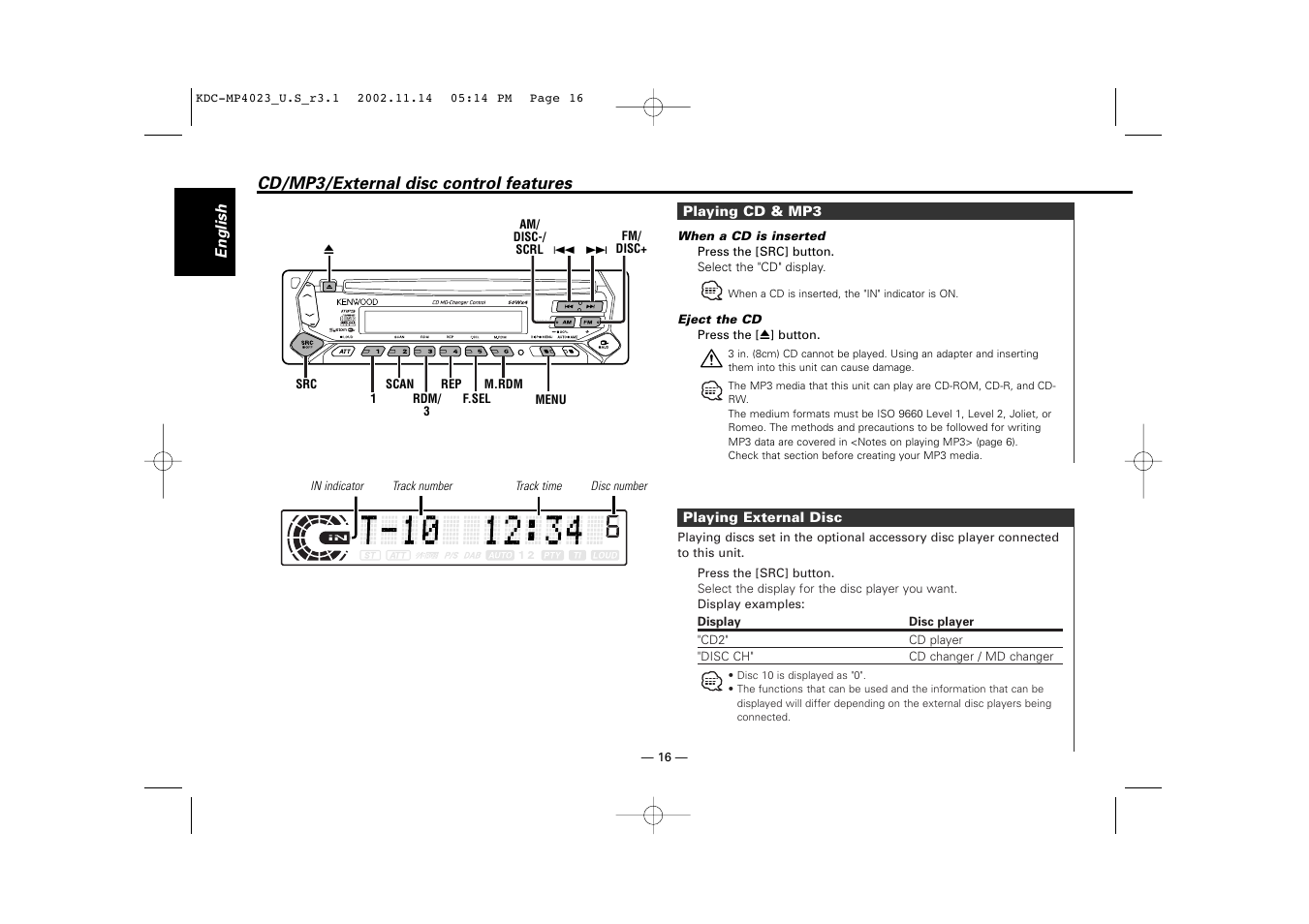 Cd/mp3/external disc control features | Kenwood KDC-MP4023 User Manual | Page 16 / 32