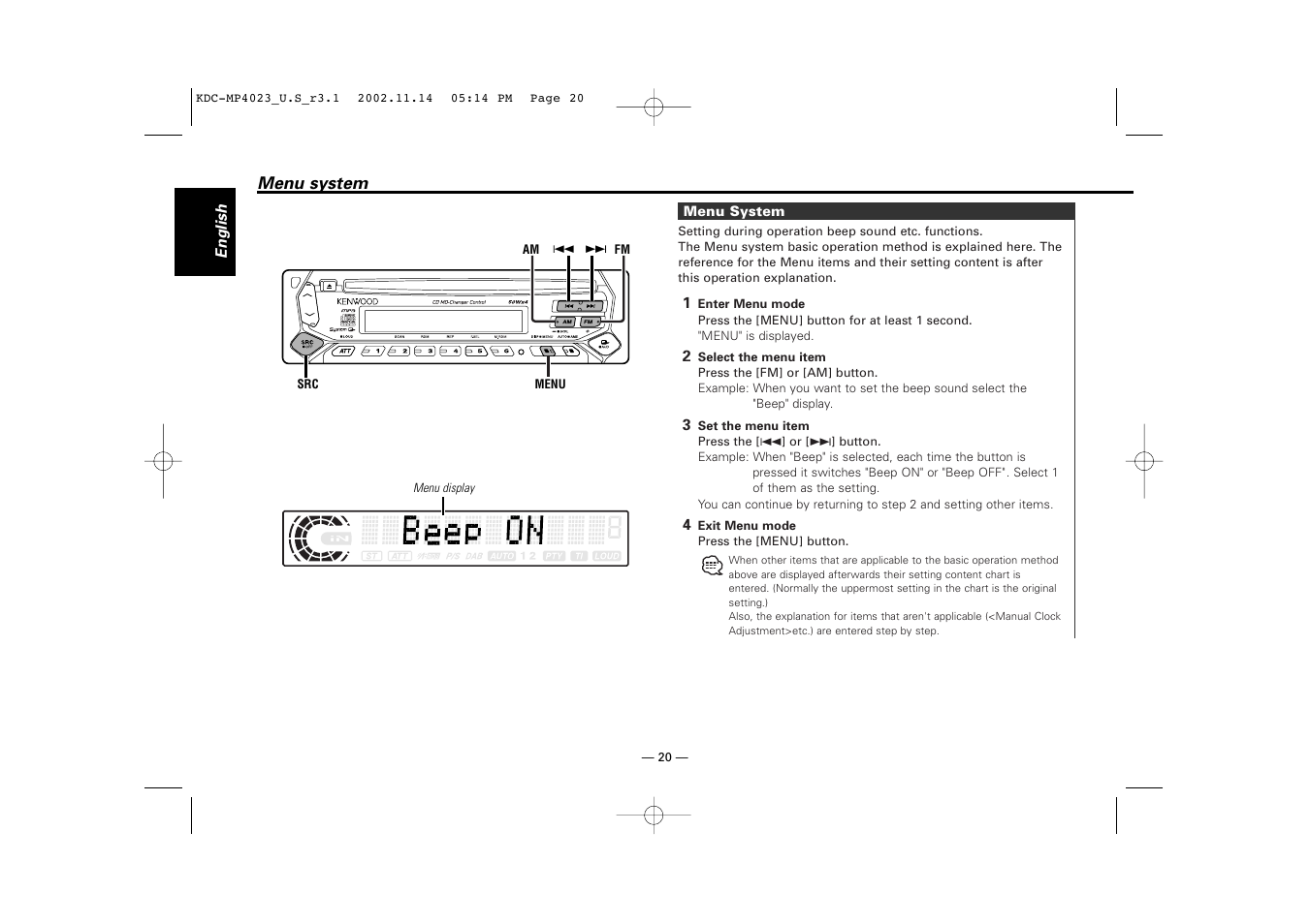 Menu system | Kenwood KDC-MP4023 User Manual | Page 20 / 32