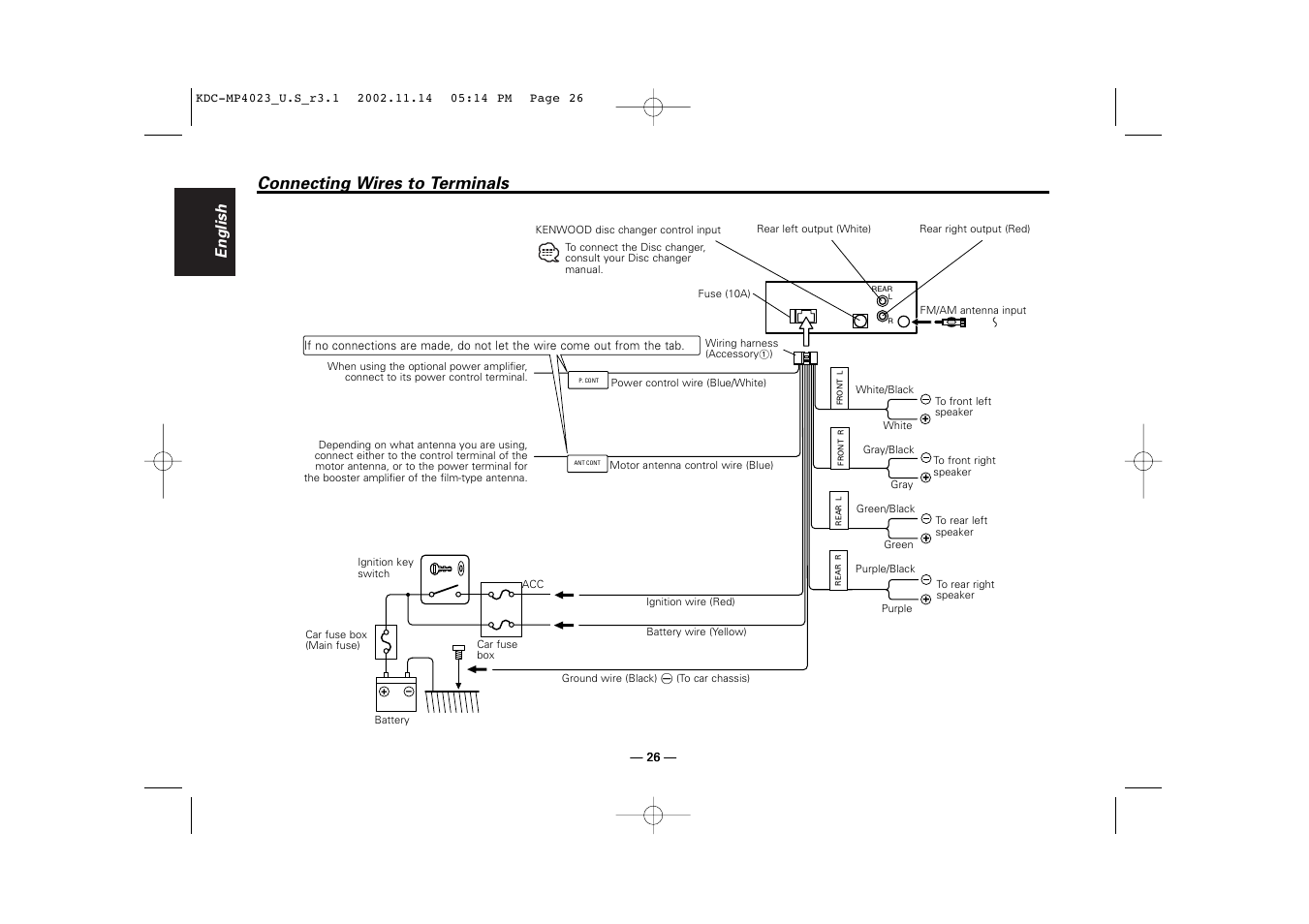 Connecting wires to terminals, English | Kenwood KDC-MP4023 User Manual | Page 26 / 32