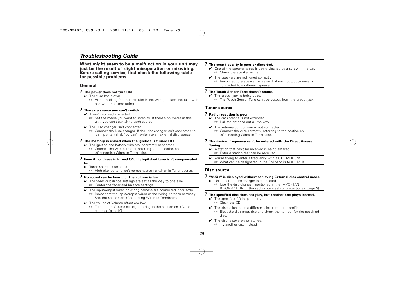 Troubleshooting guide | Kenwood KDC-MP4023 User Manual | Page 29 / 32