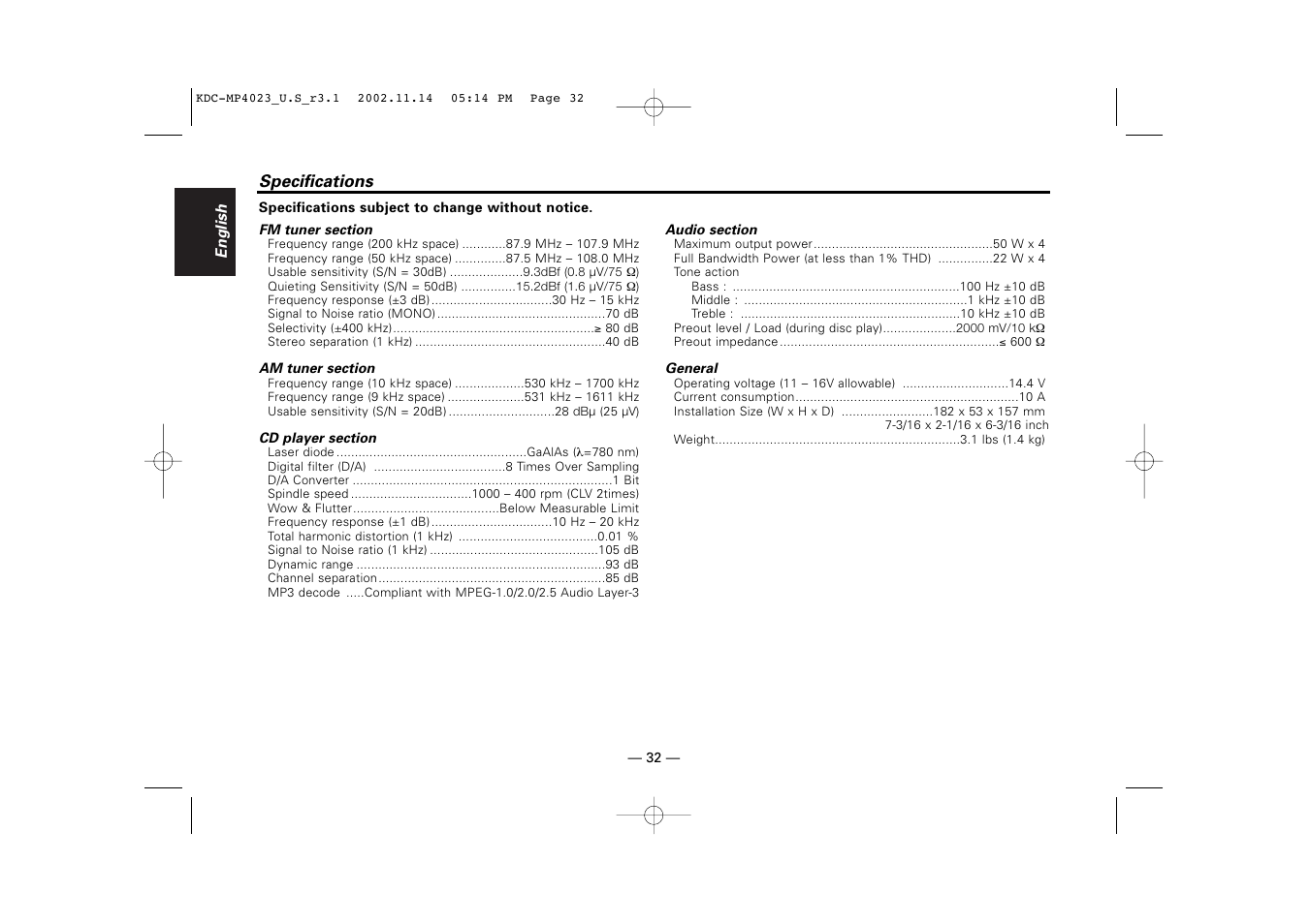 Specifications | Kenwood KDC-MP4023 User Manual | Page 32 / 32