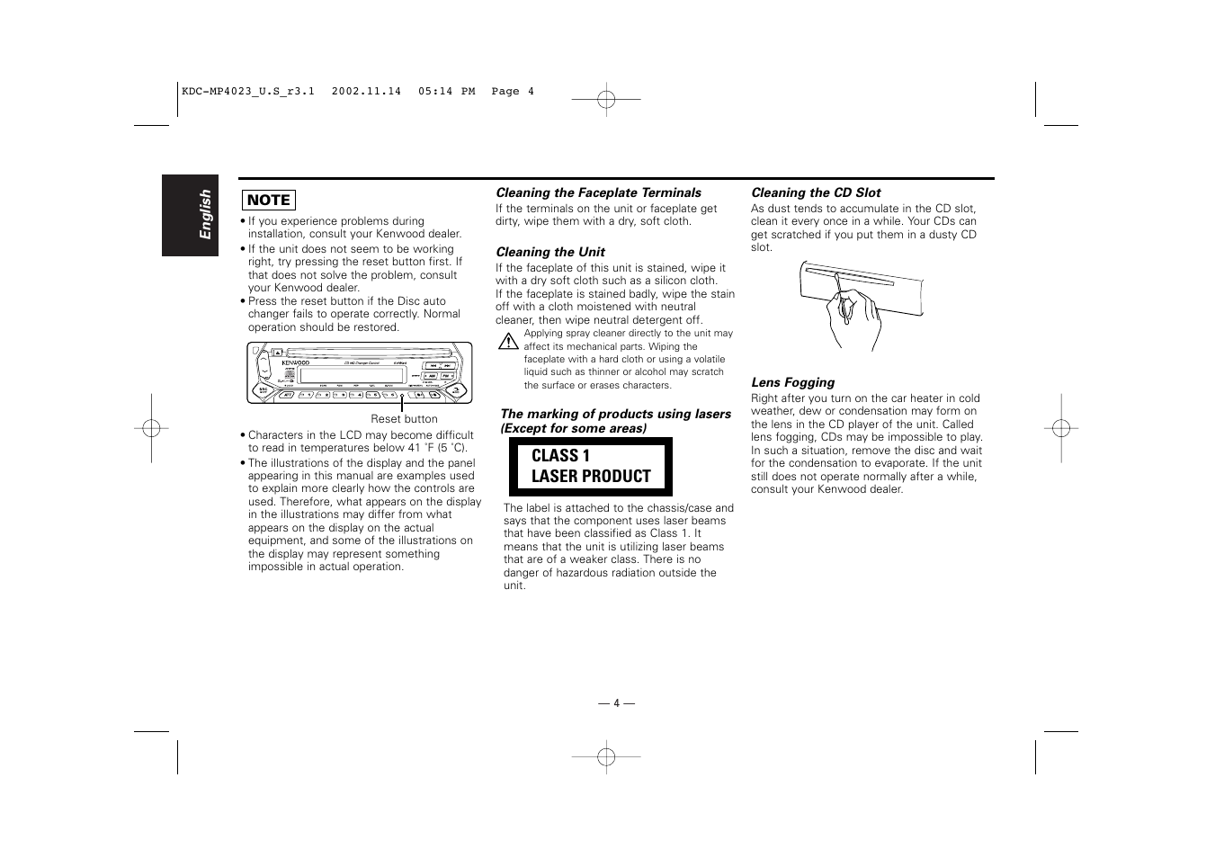 Class 1 laser product | Kenwood KDC-MP4023 User Manual | Page 4 / 32