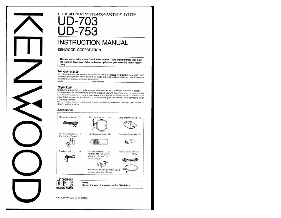 Kenwood COMPACT DISC DIGITAL AUDIO UD-703 User Manual | 80 pages