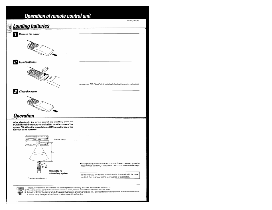 Operation of remote control unit loading batteries, Deration | Kenwood COMPACT DISC DIGITAL AUDIO UD-703 User Manual | Page 16 / 80