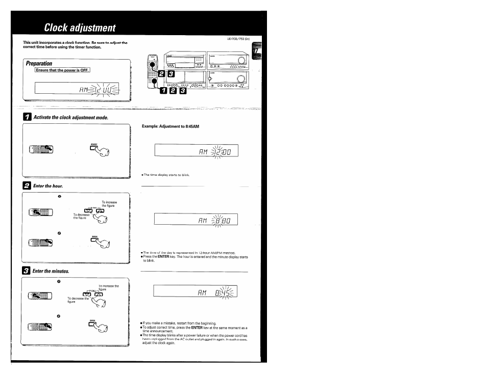 Preparation, Clock adjustment, Rr iff i/o | Kenwood COMPACT DISC DIGITAL AUDIO UD-703 User Manual | Page 17 / 80