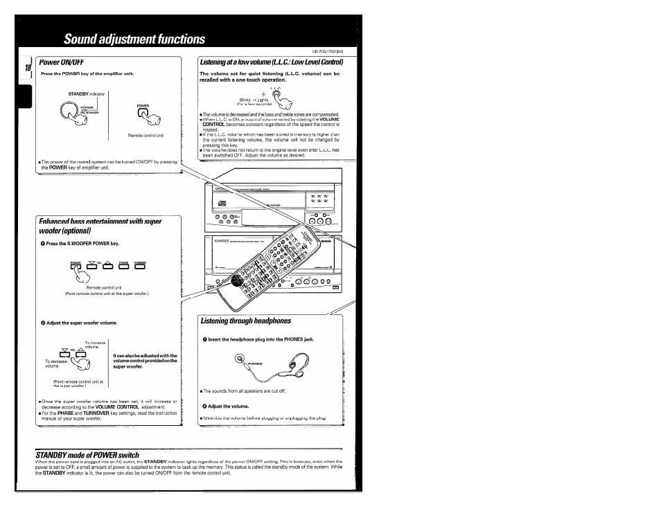 Cd cd cd, Listening through headphones, Standby mode of power switch | Sound adjustment functions | Kenwood COMPACT DISC DIGITAL AUDIO UD-703 User Manual | Page 18 / 80