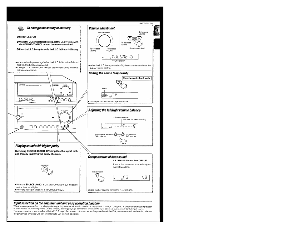 Playing sound with higher purity, Adjusting the lefl/right volume balance, Compensation of bass sound | 1 ....... -w -r | Kenwood COMPACT DISC DIGITAL AUDIO UD-703 User Manual | Page 19 / 80