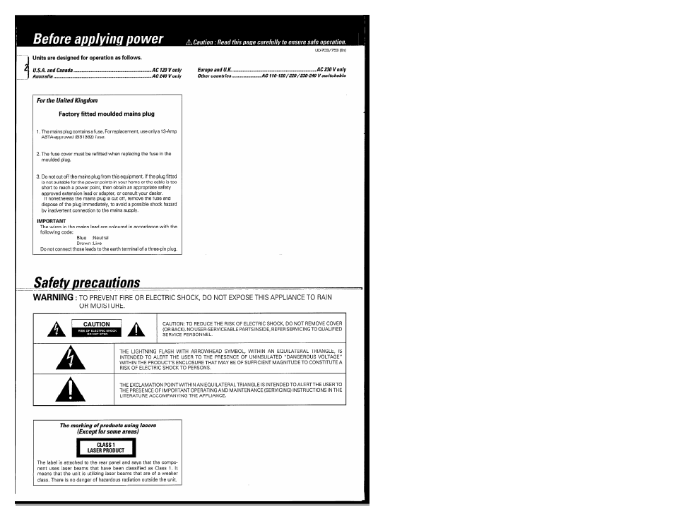 Before applying power, Safety precautions | Kenwood COMPACT DISC DIGITAL AUDIO UD-703 User Manual | Page 2 / 80