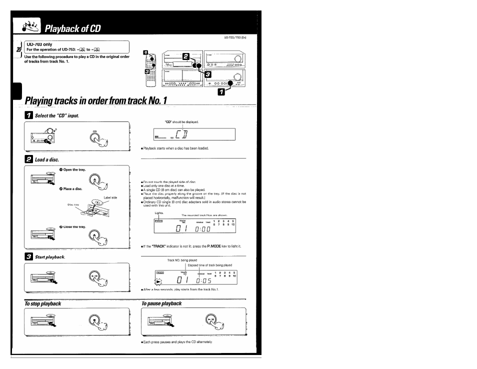 To stop playback, To pause playback, Playback of cd | Pjaying tracks in order from track no. 1 | Kenwood COMPACT DISC DIGITAL AUDIO UD-703 User Manual | Page 20 / 80