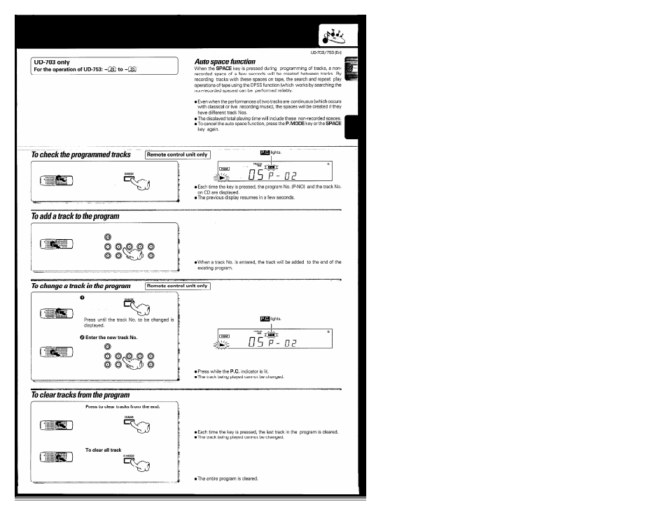 Auto space function, To adda track to the program, To clear tracks from the program | Filili | Kenwood COMPACT DISC DIGITAL AUDIO UD-703 User Manual | Page 23 / 80