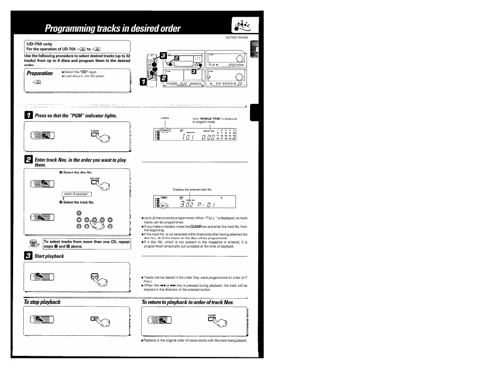 Preparation, To stop playback, To return to playback in order of track nos | Programming tracks in desired order | Kenwood COMPACT DISC DIGITAL AUDIO UD-703 User Manual | Page 29 / 80