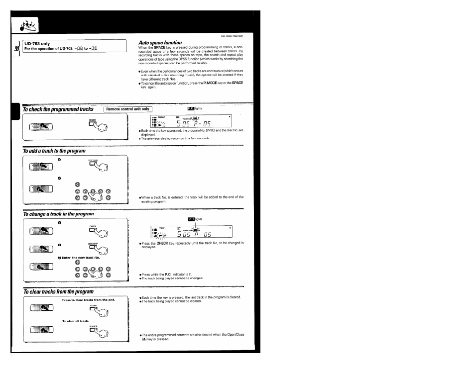 Auto space function, To add a track to the program, To change a track in the program | To clear tracks from the program | Kenwood COMPACT DISC DIGITAL AUDIO UD-703 User Manual | Page 30 / 80