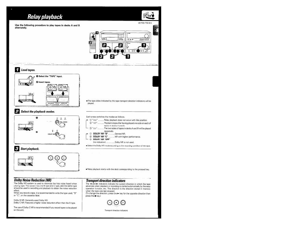 Dolby noise reduction (nr), Transport direction indicators, Relay playback | Kenwood COMPACT DISC DIGITAL AUDIO UD-703 User Manual | Page 35 / 80