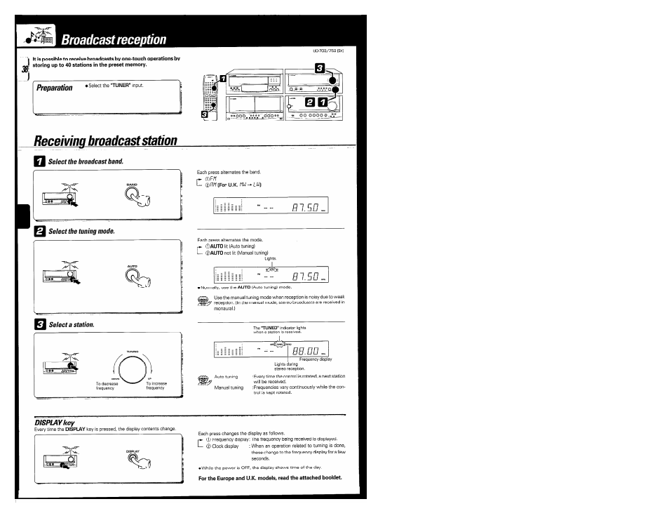 Preparation, Broadcast reception, Receiving broadcast station | B 1 . 5 0 | Kenwood COMPACT DISC DIGITAL AUDIO UD-703 User Manual | Page 38 / 80