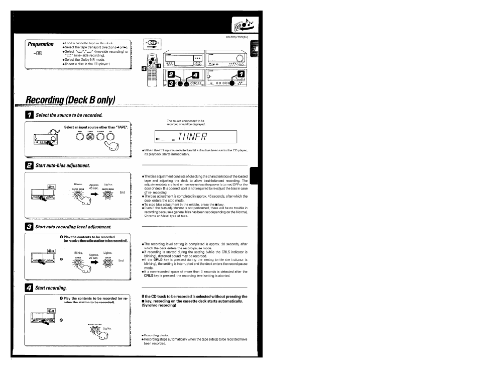 Preparation, Tuner, Recording (deckb only) | Kenwood COMPACT DISC DIGITAL AUDIO UD-703 User Manual | Page 41 / 80