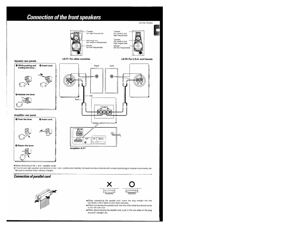 Connection of parallel cord, Connection of the front speakers | Kenwood COMPACT DISC DIGITAL AUDIO UD-703 User Manual | Page 5 / 80