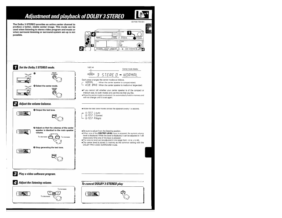 Adjustment and playback of dolby 3 stereo, 3 3 tere u ■* nortlrl | Kenwood COMPACT DISC DIGITAL AUDIO UD-703 User Manual | Page 63 / 80