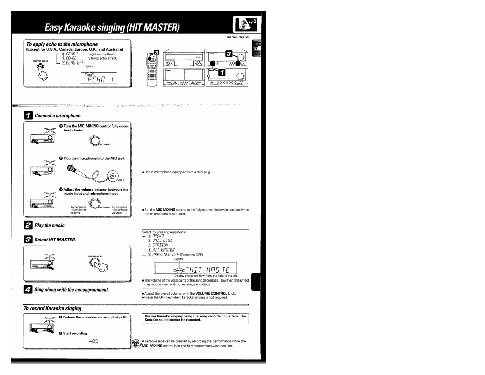 To apply echo to the microphone, To record karaoke singing, Easy karaoke singing (hitmaster | Ehd i, Ня5 те | Kenwood COMPACT DISC DIGITAL AUDIO UD-703 User Manual | Page 67 / 80