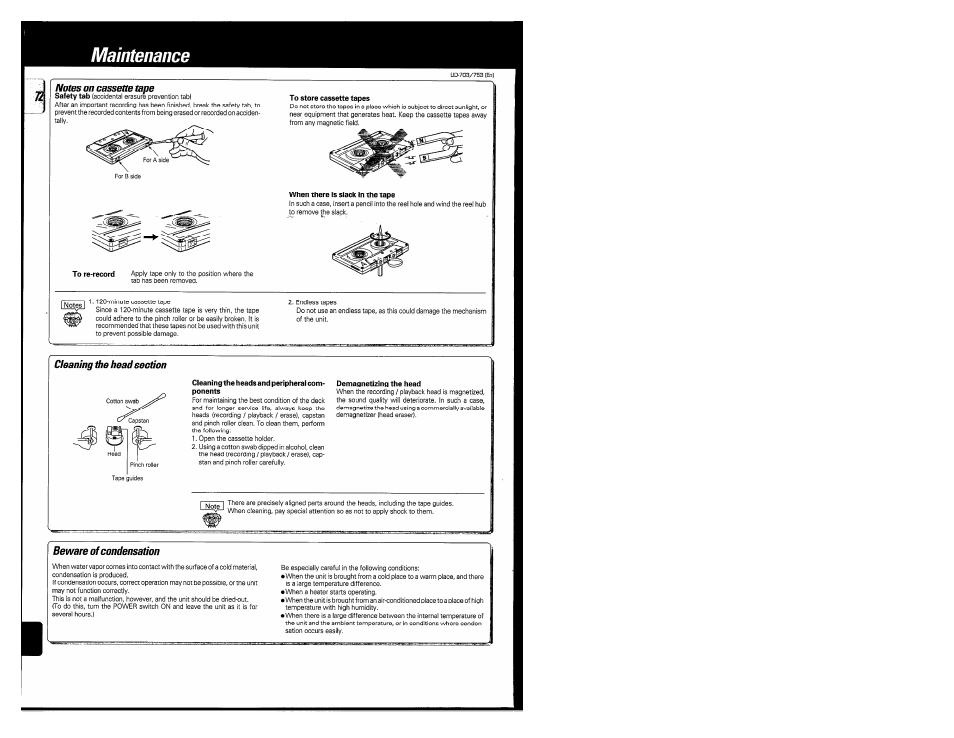 Notes on cassette tape, Cleaning the head section, Beware of condensation | Maintenance | Kenwood COMPACT DISC DIGITAL AUDIO UD-703 User Manual | Page 72 / 80